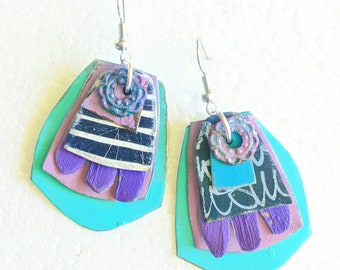 Winter Song earrings reclaimed painted tin purple and aqua