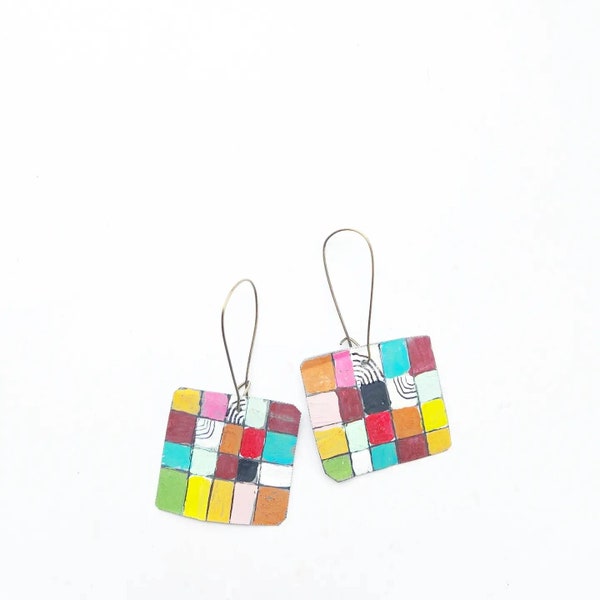 Square dance painted tin earrings