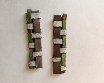 Ready to ship woven tin post earrings in rust, off white and moss green