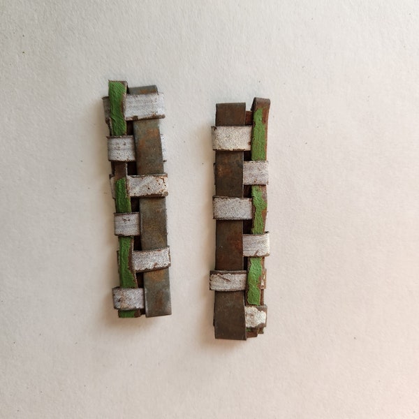 Ready to ship woven tin post earrings in rust, off white and moss green