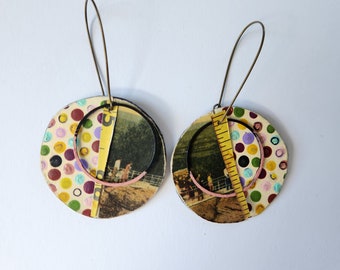 Swing-A-Long Bridge vintage postcard earrings with polka dots