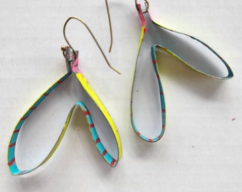 Chartreuse seed pods with red and turquoise stripes