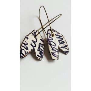 painted reclaimed tin earrings in white with black doodles