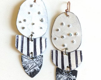 black and white statement earrings painted reclaimed tin