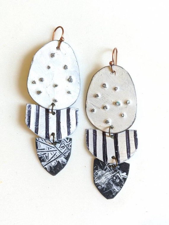Black and White Statement Earrings Painted Reclaimed Tin Etsy