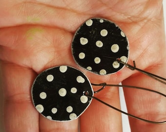 Polka dot earrings painted reclaimed tin