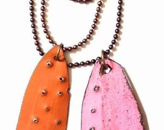 Bubble gum pink and pumpkin painted tin charms on brass ball chain