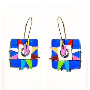 Reclaimed tin star quilt block pattern earrings in cobalt