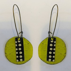 Chartreuse circle earrings with black and white polka dot strip