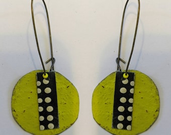 Chartreuse circle earrings with black and white polka dot strip