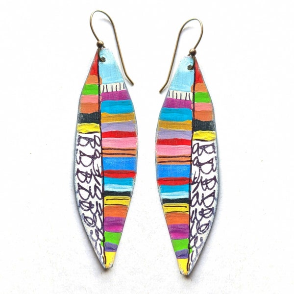 Bright stripes seed pod earrings with black and white doodles