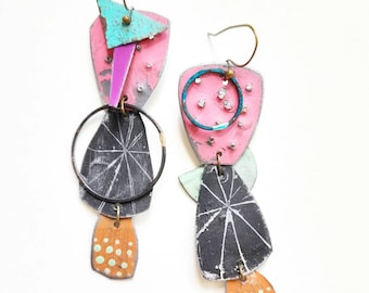 Unmatched summer fun painted reclaimed tin earrings