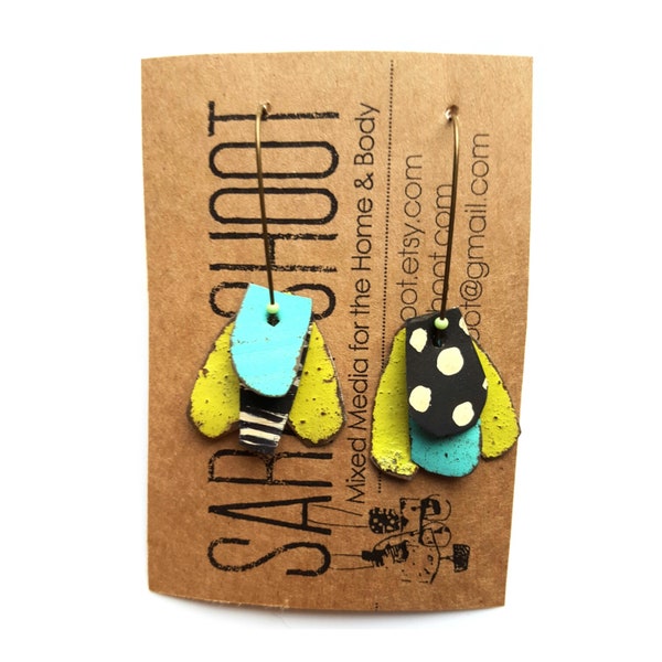 Unmatched bee inspired earrings painted tin in chartreuse aqua ancient black and white