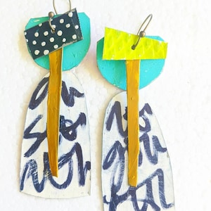Graffiti arch earrings with aqua, mustard, chartreuse and polka dot painted reclaimed tin