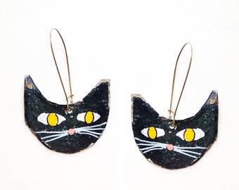 Primitive black cat earrings painted reclaimed tin