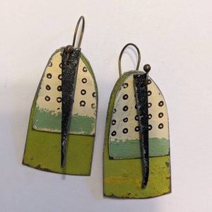 Hopeful green painted tin earrings in lime green with off white and sage
