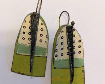 Hopeful green painted tin earrings in lime green with off white and sage