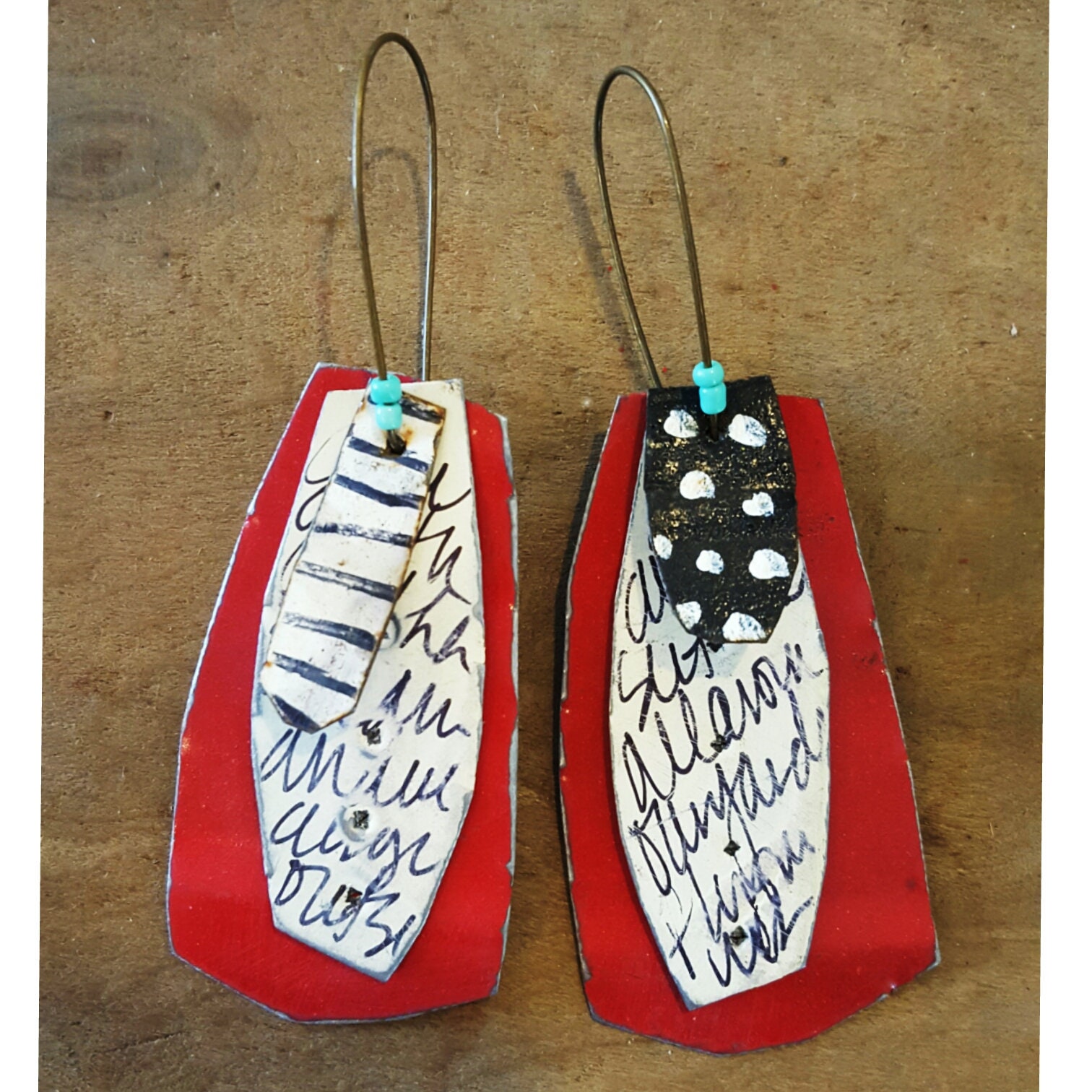 Big fun red painted tin earrings with black and white