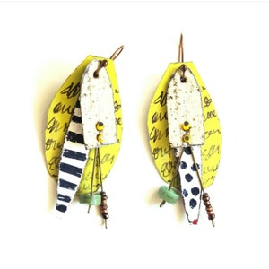 Chartreuse doodle statement earrings with polka dots and stripes