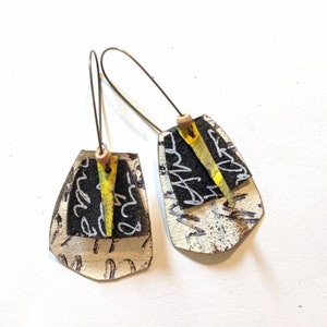 Black and White doodle earrings with yellow bits