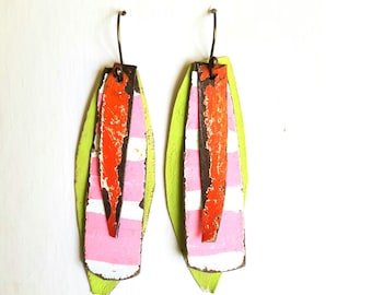 Neon lime green leaf earrings with pink and white stripes and neon orange