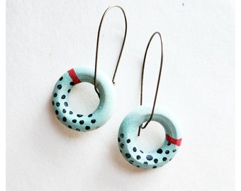 Wooden hoop earrings aqua and black polka dots