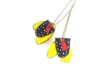 Chartreuse with black and white polkadots earrings