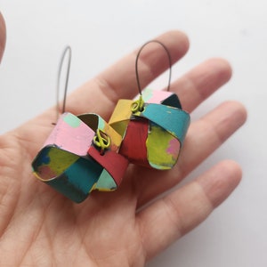 Painted reclaimed tin basket earrings