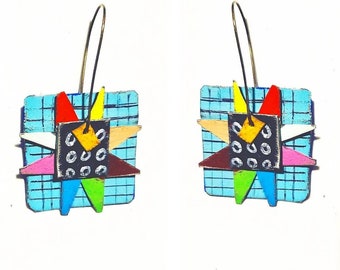 Reclaimed tin star quilt block inspired earrings with aqua