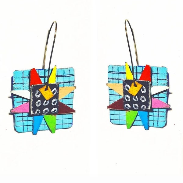 Reclaimed tin star quilt block inspired earrings with aqua