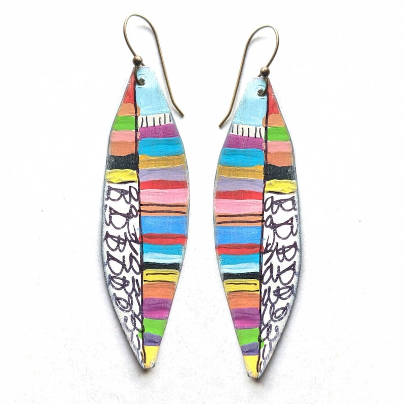 Bright stripes seed pod earrings with black and white doodles image 2