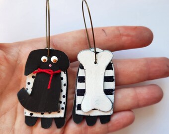 black and white dog and bone earrings