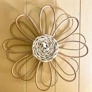 Wooden Rattan Hanging Wall Flower with Brushed Gold Accents - 13 1/2&quot; Wide - Wooden Farmhouse Flower Wall Decor - Boho Wooden Wall Flower