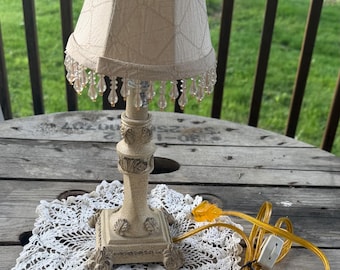 Vintage 80s/90s Petite Victorian Style Shabby Chic Accent Lamp | Beaded Trim Shade | Boudoir Lighting | Romantic French Country Decor