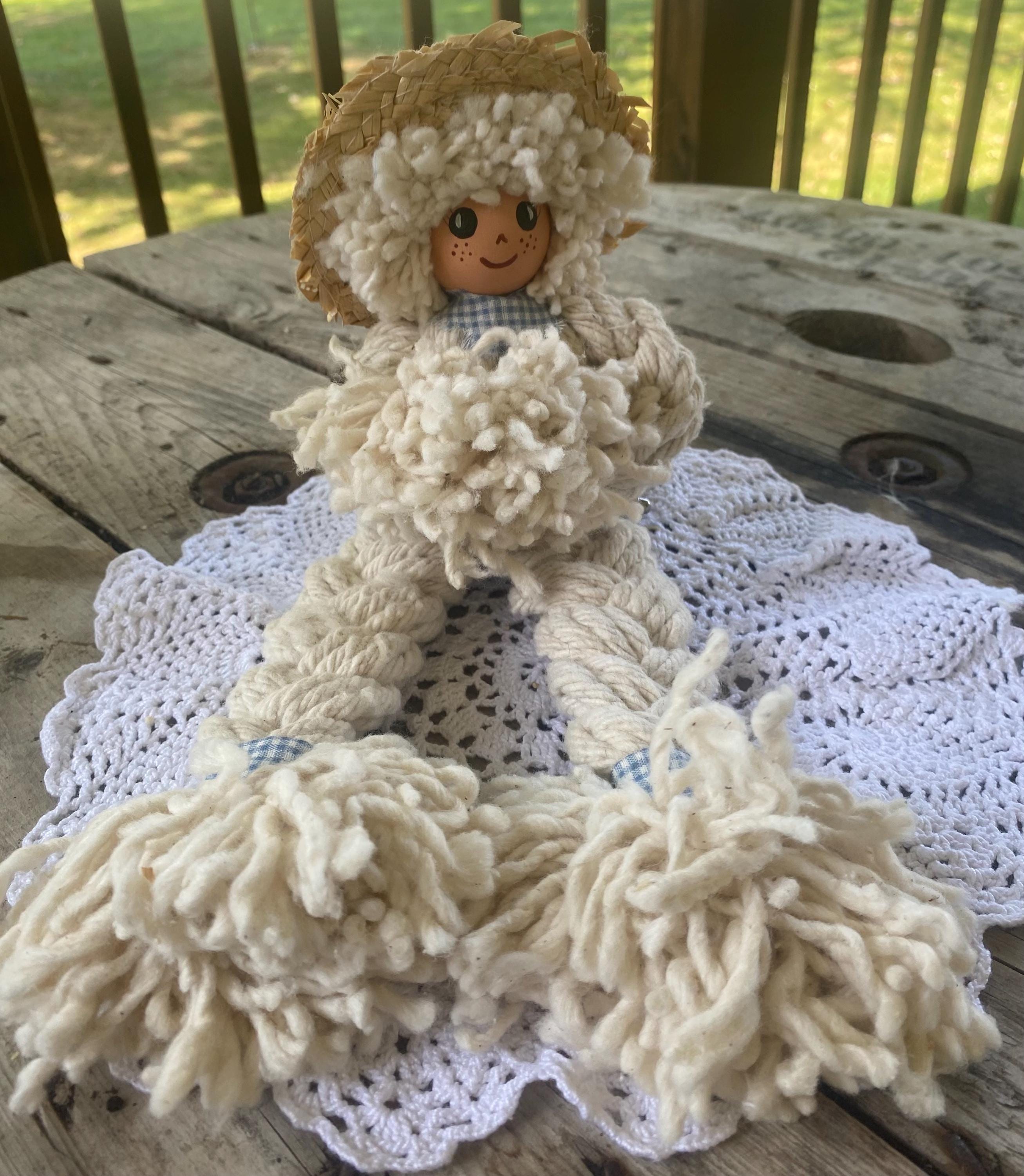 Vintage Handmade Mop Doll, Yarn Hair Folk Art Doll, 1970s–1980s