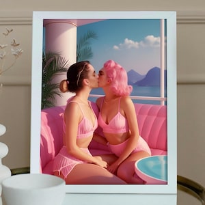 Vintage Lesbian Wall Art, Retro Lesbian Art Print, Lesbian Kiss Wall Art, Printable Art