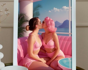 Vintage Lesben Wandkunst, Retro Lesben Kunstdruck, Lesben Kuss Wandkunst, druckbare Kunst