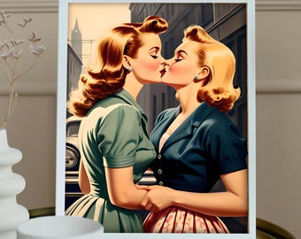 Vintage Lesben Wandkunst, Retro Lesben Kunstdruck, Lesben Kuss, Wandkunst, 1950er Jahre Lesben Kunst, Vintage Lesben Poster, Digitaldruck
