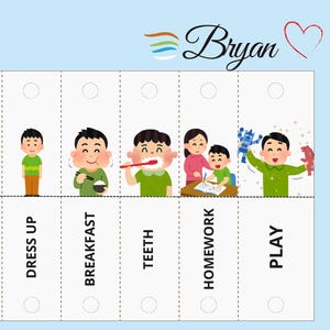 Può includere: Un colorato schema della routine quotidiana con illustrazioni di cartoni animati delle attività di un bambino: svegliarsi, abbracciare, vestirsi, fare colazione, lavarsi i denti, fare i compiti e giocare. Lo schema include il nome "Bryan" e un simbolo a forma di cuore.