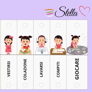 Könnte beinhalten: Ein farbenfrohes Lernposter mit Illustrationen von Tagesabläufen. Das Poster zeigt Bilder eines Kindes beim Aufwachen, Anziehen, Essen und Spielen. Das Wort "Stella" ist in Schreibschrift geschrieben, mit einem Herzsymbol.