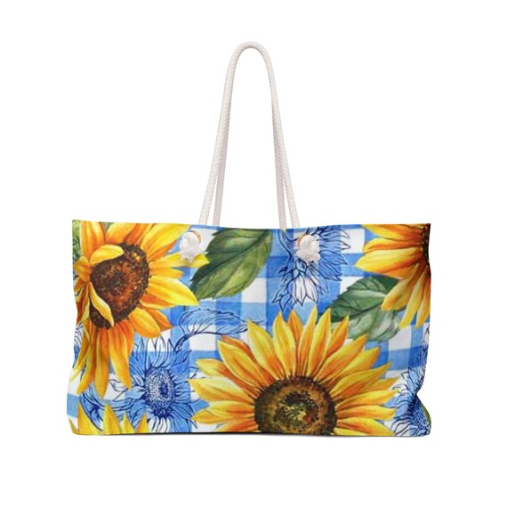 Sunflower Blue Gingham Weekender Bag | Floral Travel Tote