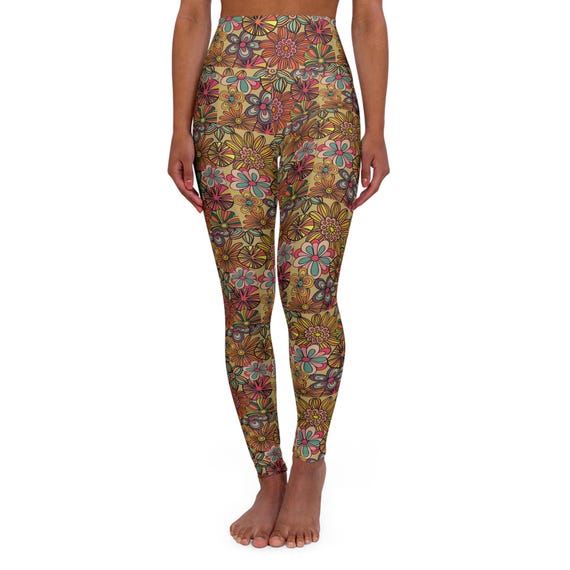Yoga Leggings, Hippie Floral Psychedelic Print, High Waist Active Pants, Boho Athletic Tights, Festival Wear