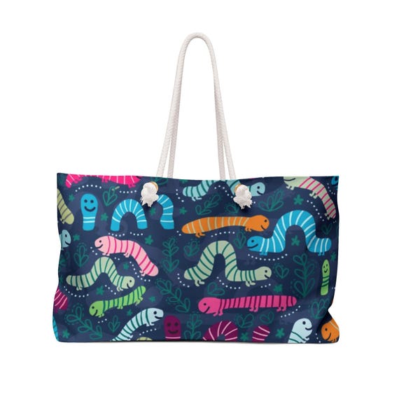 Colorful Worm Pattern Weekender Bag | Cute Cartoon Bugs, Navy Background