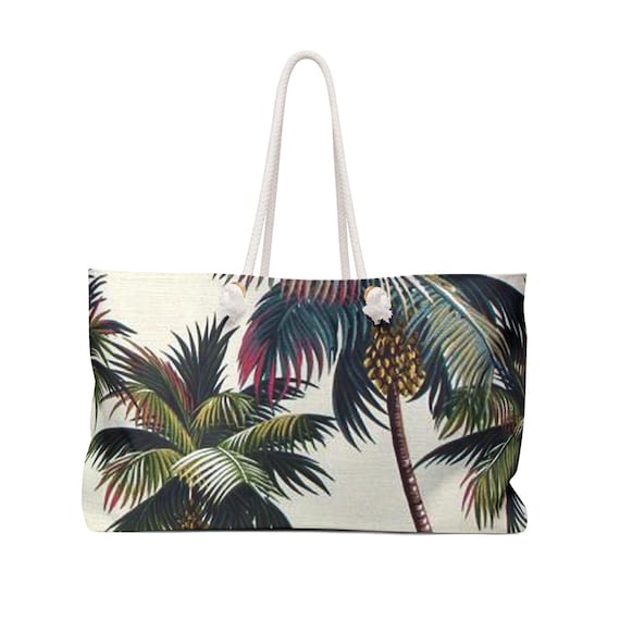 Tropical Palm Print Weekender Bag | Canvas Travel Tote, Beach Bag