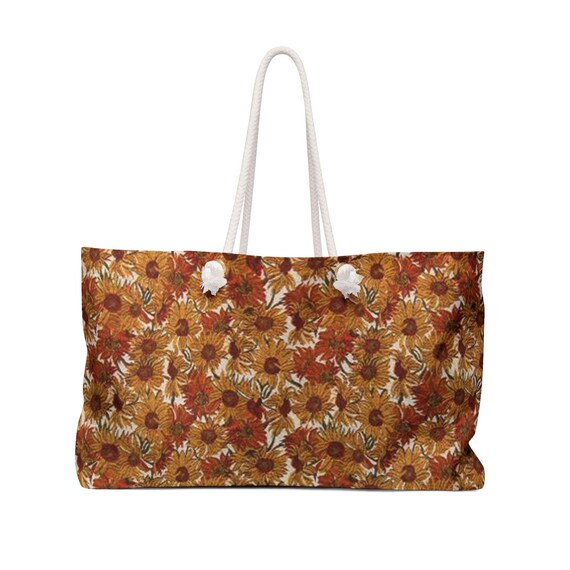 Sunflower Print Weekender Bag, Floral Travel Duffle, Boho Chic