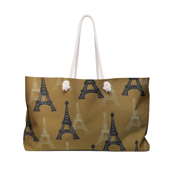 Eiffel Tower Pattern Weekender Bag | Parisian Travel Tote, Beige Brown