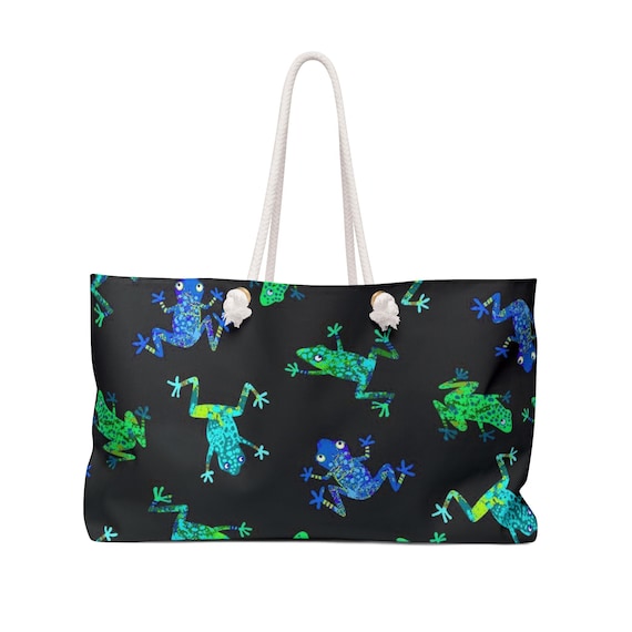 Neon Frogs Weekender Bag | Blue Green Amphibian Pattern, Black Background