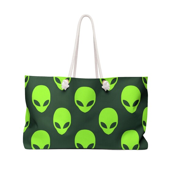 Green Alien Pattern Weekender Bag | Neon UFO Travel Tote