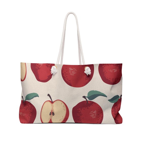 Red Apple Pattern Weekender Bag | Fruit Print Tote, Summer Market Bag