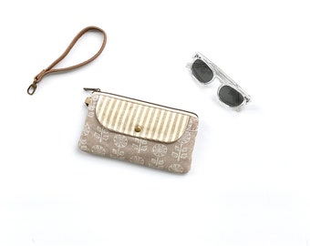 Small Beige & White Smartphone Wallet, Wristlet, Clutch Purse